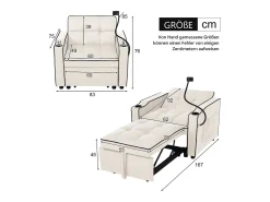 Sofá-cama individual retrátil 3 em 1 – com suporte para copos e suporte para telefone, sofá-cama, cadeira de dormir, cadeirão