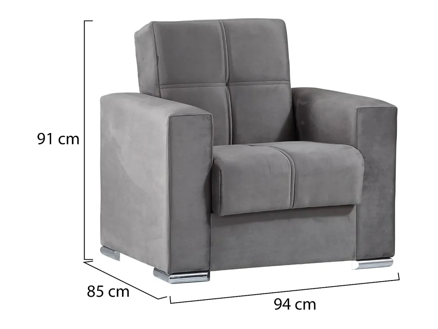 Sofá-cama Jose, Poltrona de armazenamento para sala conversível em cama, Poltrona relaxante em tecido acolchoado com abertura click-clack, 94x85h91 cm, Cinza