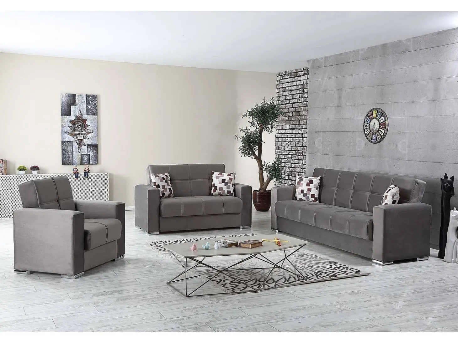 Sofá-cama Manuel, sofá-cama contêiner linear de 2 lugares, Sofá da sala em tecido acolchoado com abertura click-clack, 160x85h91 cm, Cinza
