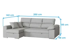 Sofá-cama Milano de 3 lugares com chaise longue à esquerda, cinza claro, 260x98x98 cm