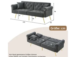 Sofá-cama moderno de 2 lugares – 173 x 75 x 70 cm – encosto ajustável em 3 níveis + pernas de metal dourado – veludo – cinza