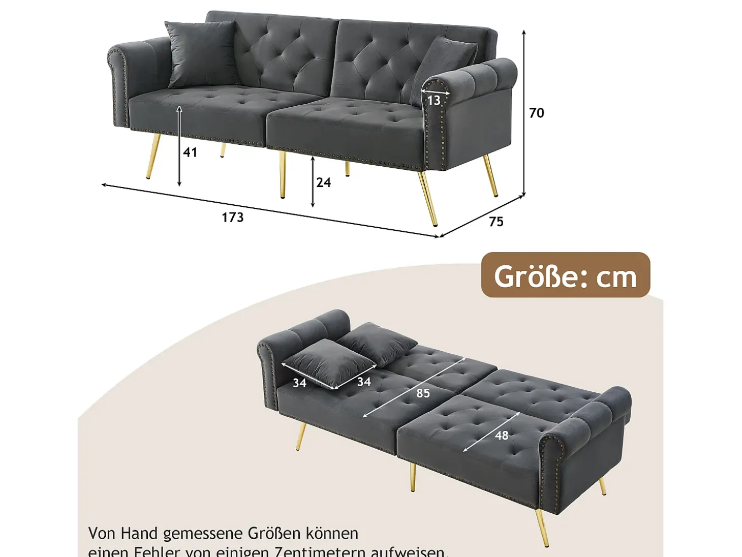 Sofá-cama moderno de 2 lugares – 173 x 75 x 70 cm – encosto ajustável em 3 níveis + pernas de metal dourado – veludo – cinza