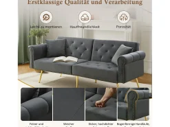 Sofá-cama moderno de 2 lugares – 173 x 75 x 70 cm – encosto ajustável em 3 níveis + pernas de metal dourado – veludo – cinza