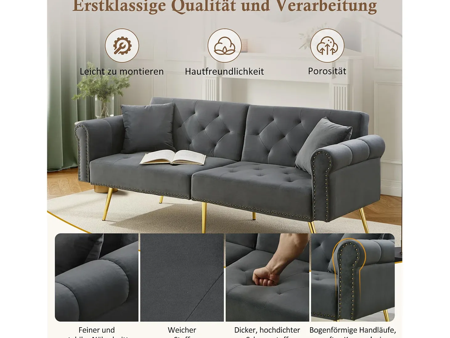 Sofá-cama moderno de 2 lugares – 173 x 75 x 70 cm – encosto ajustável em 3 níveis + pernas de metal dourado – veludo – cinza