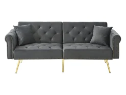 Sofá-cama moderno de 2 lugares – 173 x 75 x 70 cm – encosto ajustável em 3 níveis + pernas de metal dourado – veludo – cinza