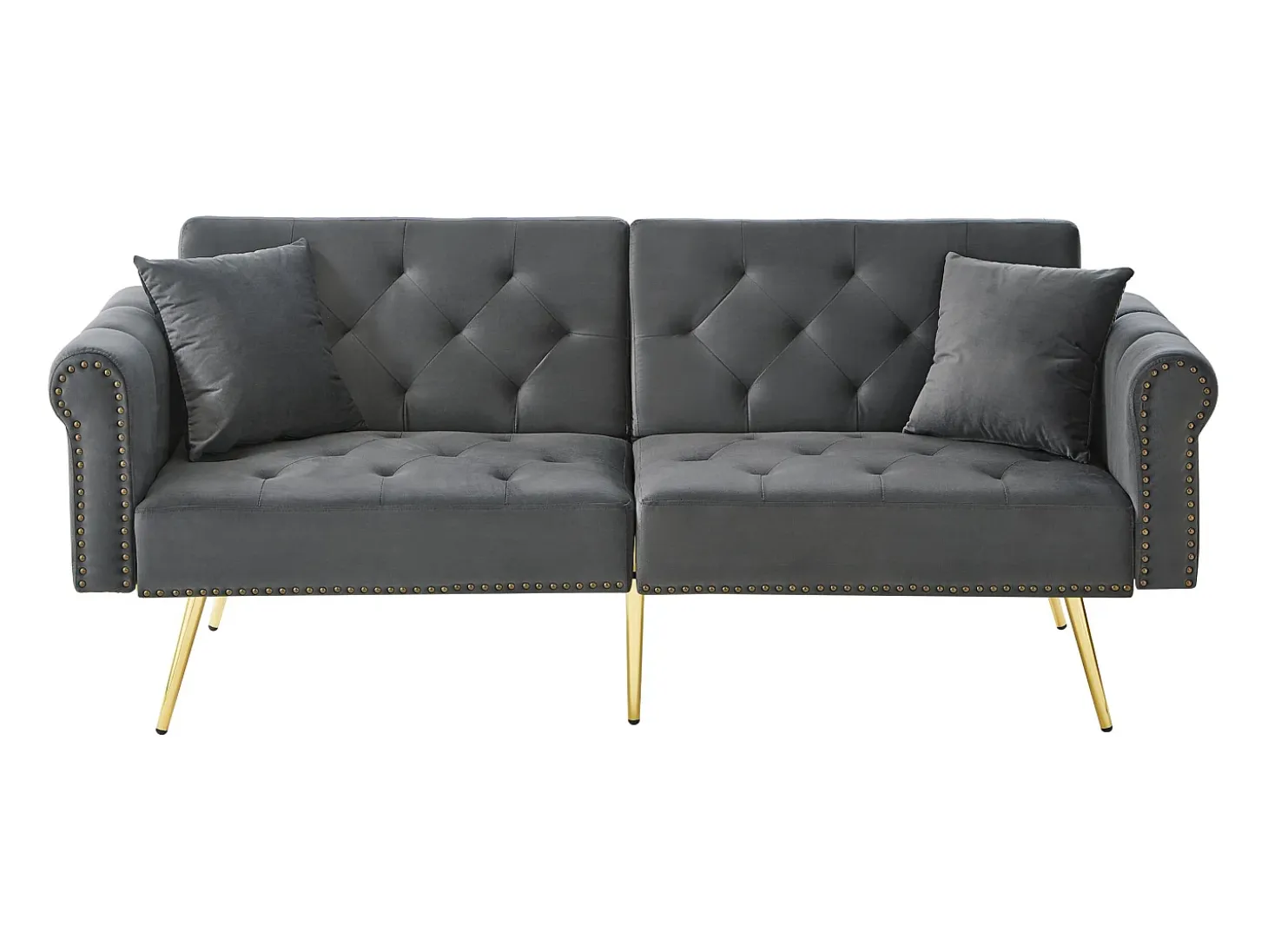 Sofá-cama moderno de 2 lugares – 173 x 75 x 70 cm – encosto ajustável em 3 níveis + pernas de metal dourado – veludo – cinza