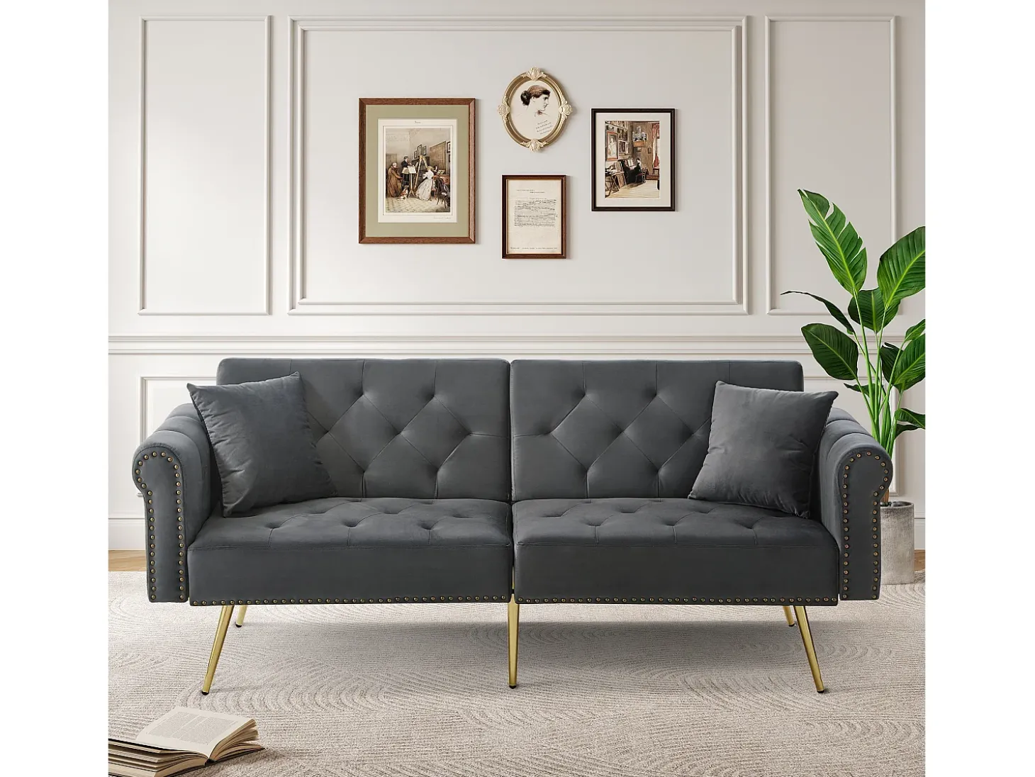 Sofá-cama moderno de 2 lugares – 173 x 75 x 70 cm – encosto ajustável em 3 níveis + pernas de metal dourado – veludo – cinza