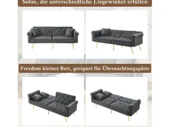 Sofá-cama moderno de 2 lugares – 173 x 75 x 70 cm – encosto ajustável em 3 níveis + pernas de metal dourado – veludo – cinza