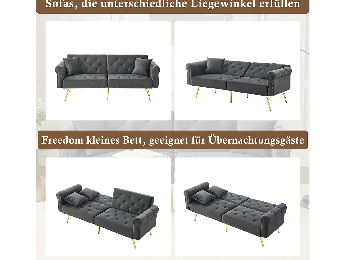 Sofá-cama moderno de 2 lugares – 173 x 75 x 70 cm – encosto ajustável em 3 níveis + pernas de metal dourado – veludo – cinza