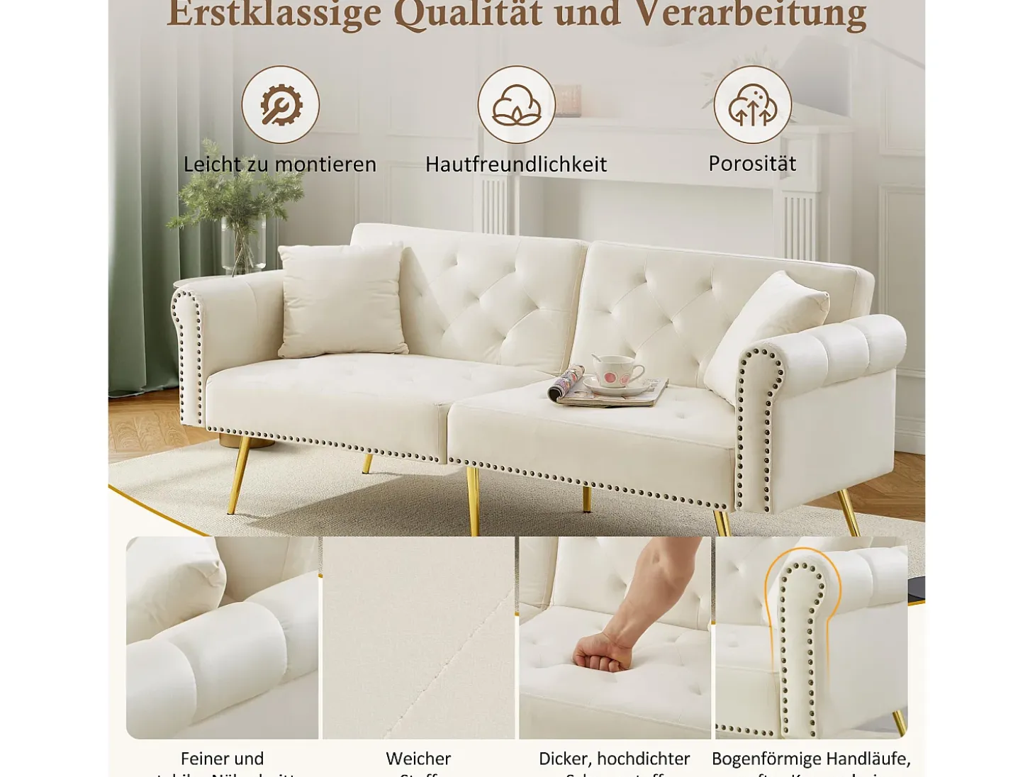 Sofá-cama moderno de 2 lugares – 173 x 75 x 70 cm – encosto ajustável em 3 níveis + pernas de metal dourado – veludo – bege