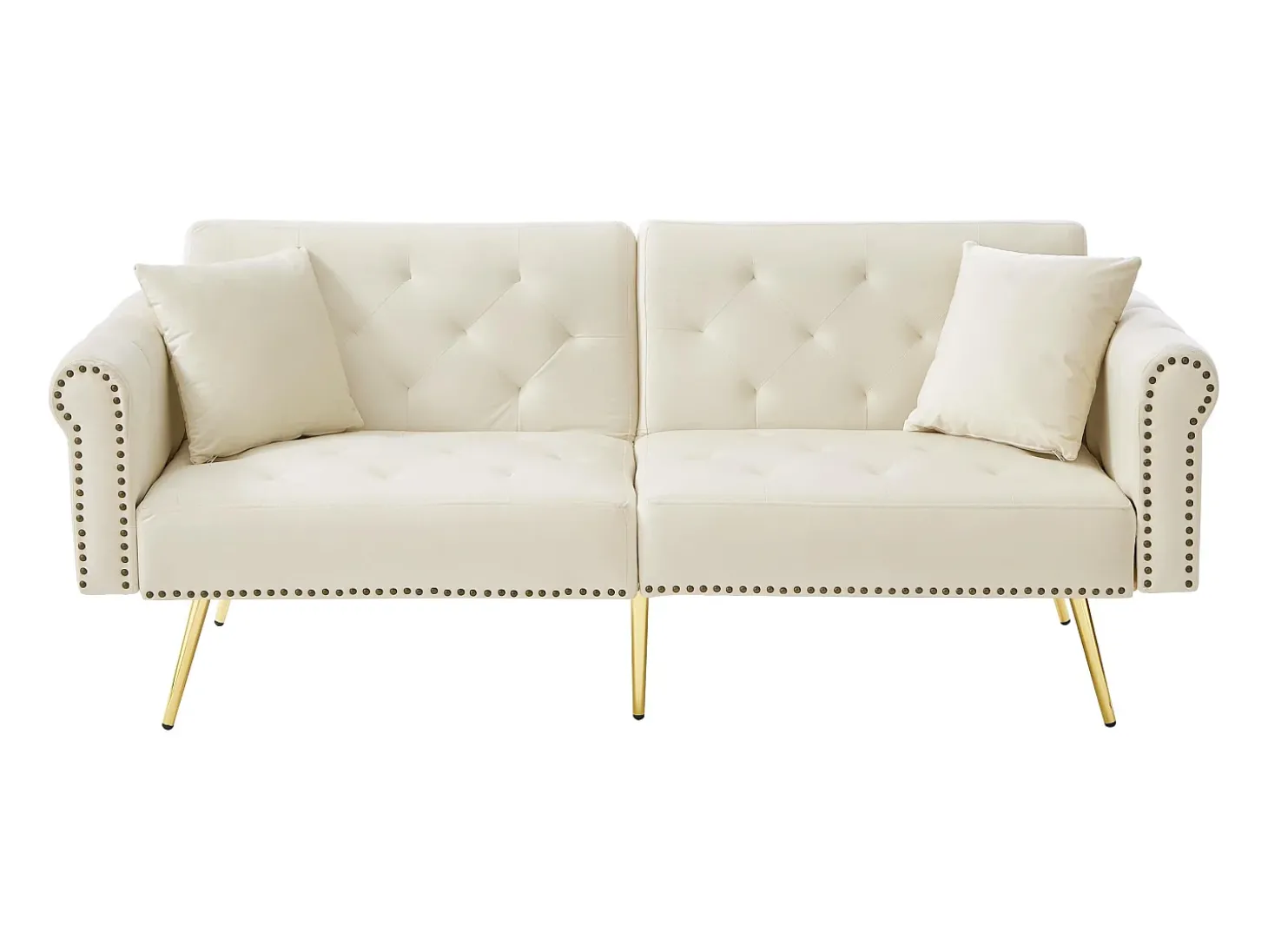 Sofá-cama moderno de 2 lugares – 173 x 75 x 70 cm – encosto ajustável em 3 níveis + pernas de metal dourado – veludo – bege