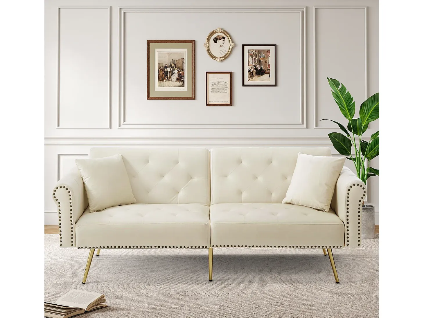 Sofá-cama moderno de 2 lugares – 173 x 75 x 70 cm – encosto ajustável em 3 níveis + pernas de metal dourado – veludo – bege