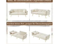 Sofá-cama moderno de 2 lugares – 173 x 75 x 70 cm – encosto ajustável em 3 níveis + pernas de metal dourado – veludo – bege