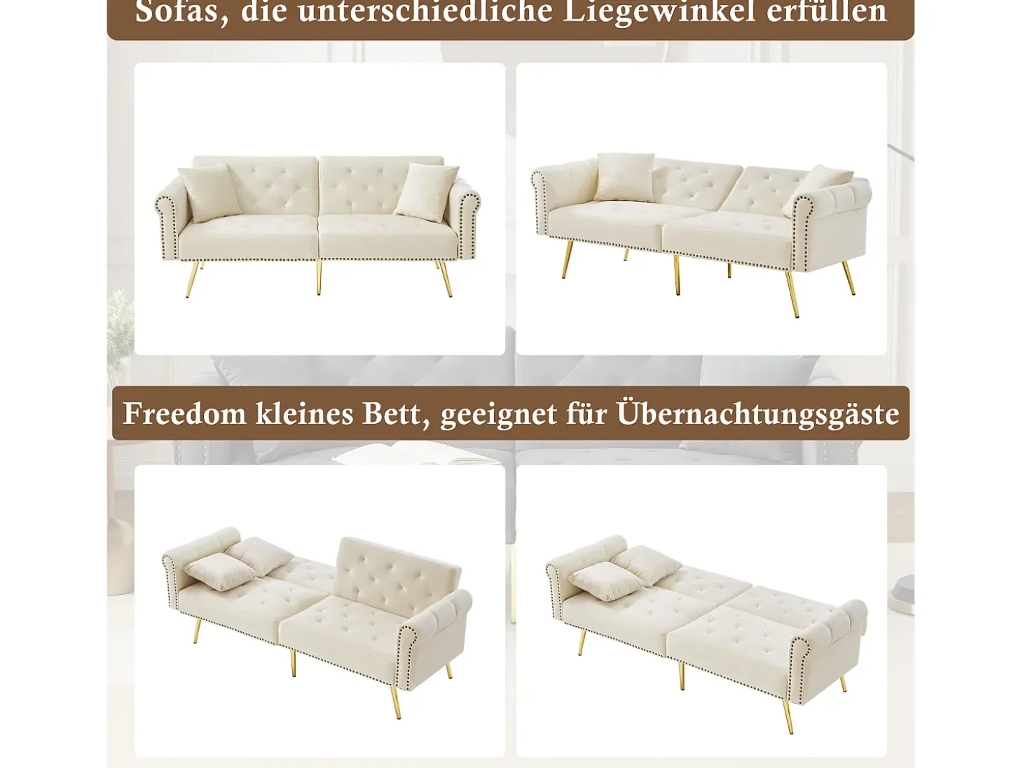 Sofá-cama moderno de 2 lugares – 173 x 75 x 70 cm – encosto ajustável em 3 níveis + pernas de metal dourado – veludo – bege