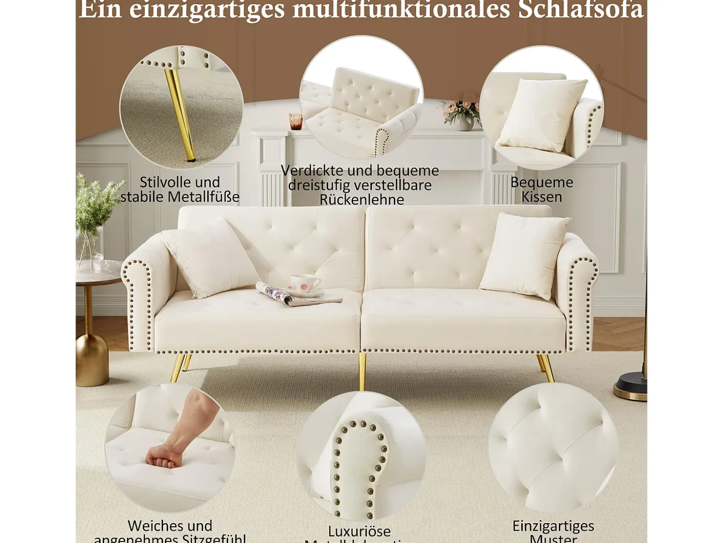 Sofá-cama moderno de 2 lugares – 173 x 75 x 70 cm – encosto ajustável em 3 níveis + pernas de metal dourado – veludo – bege