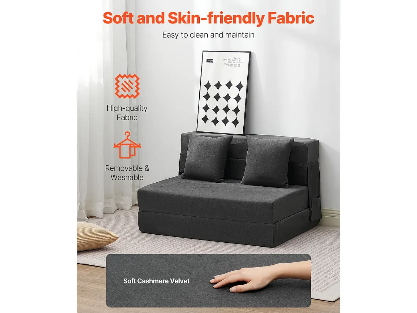Sofá-cama Moderno, SucceBuy Sofá-cama Dobrável 3 em 1 com 2 Almofadas Twin Cinzento-escuro