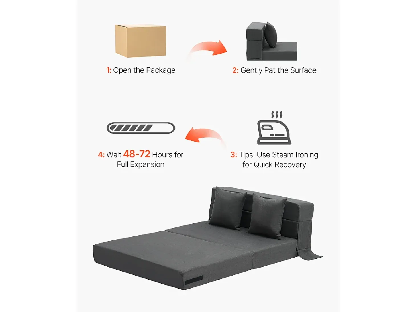 Sofá-cama Moderno, SucceBuy Sofá-cama Dobrável 3 em 1 com 2 Almofadas Twin Cinzento-escuro