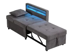 Sofá-cama multifuncional - encosto ajustável - braços com faixas luminosas LED - Porta USB/Type-C - Cinza Escuro