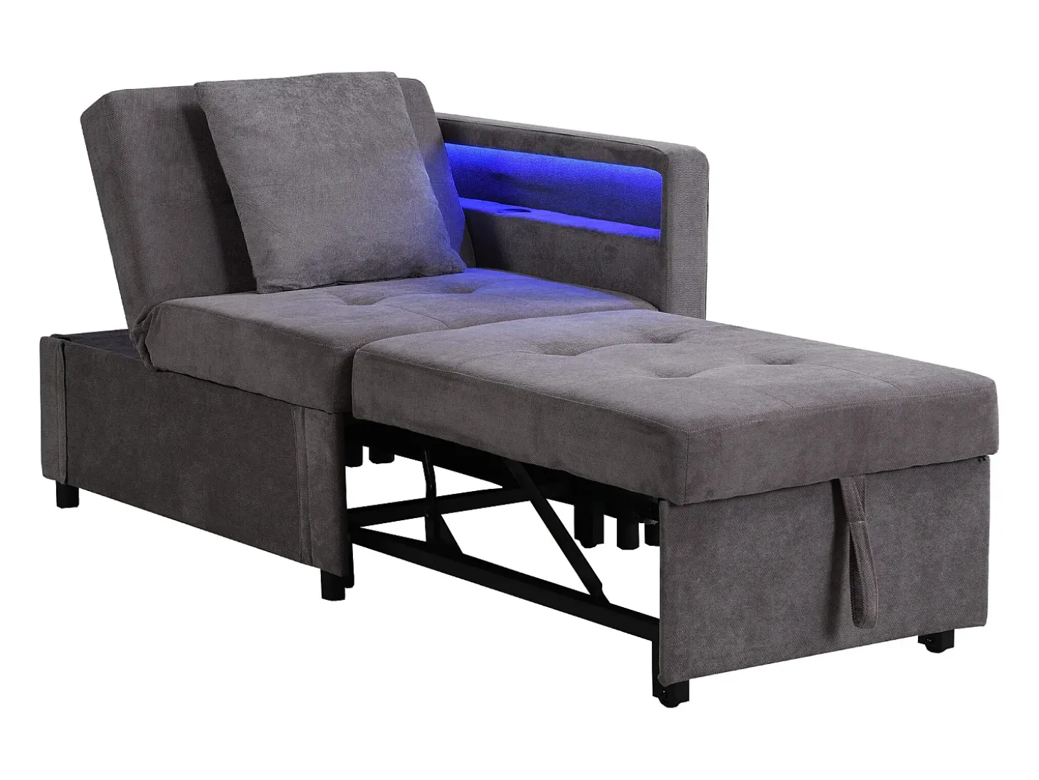 Sofá-cama multifuncional - encosto ajustável - braços com faixas luminosas LED - Porta USB/Type-C - Cinza Escuro