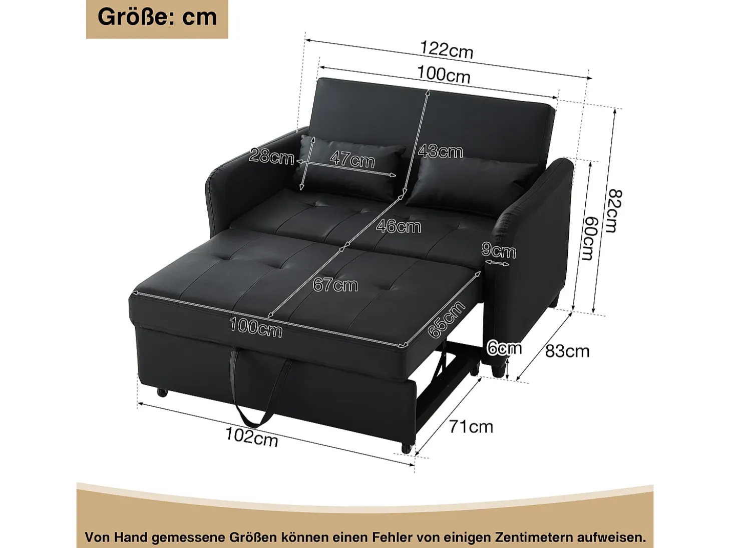 Sofá-cama multifuncional, assento duplo retrátil, encosto ajustável em 3 posições, PU impermeável, preto