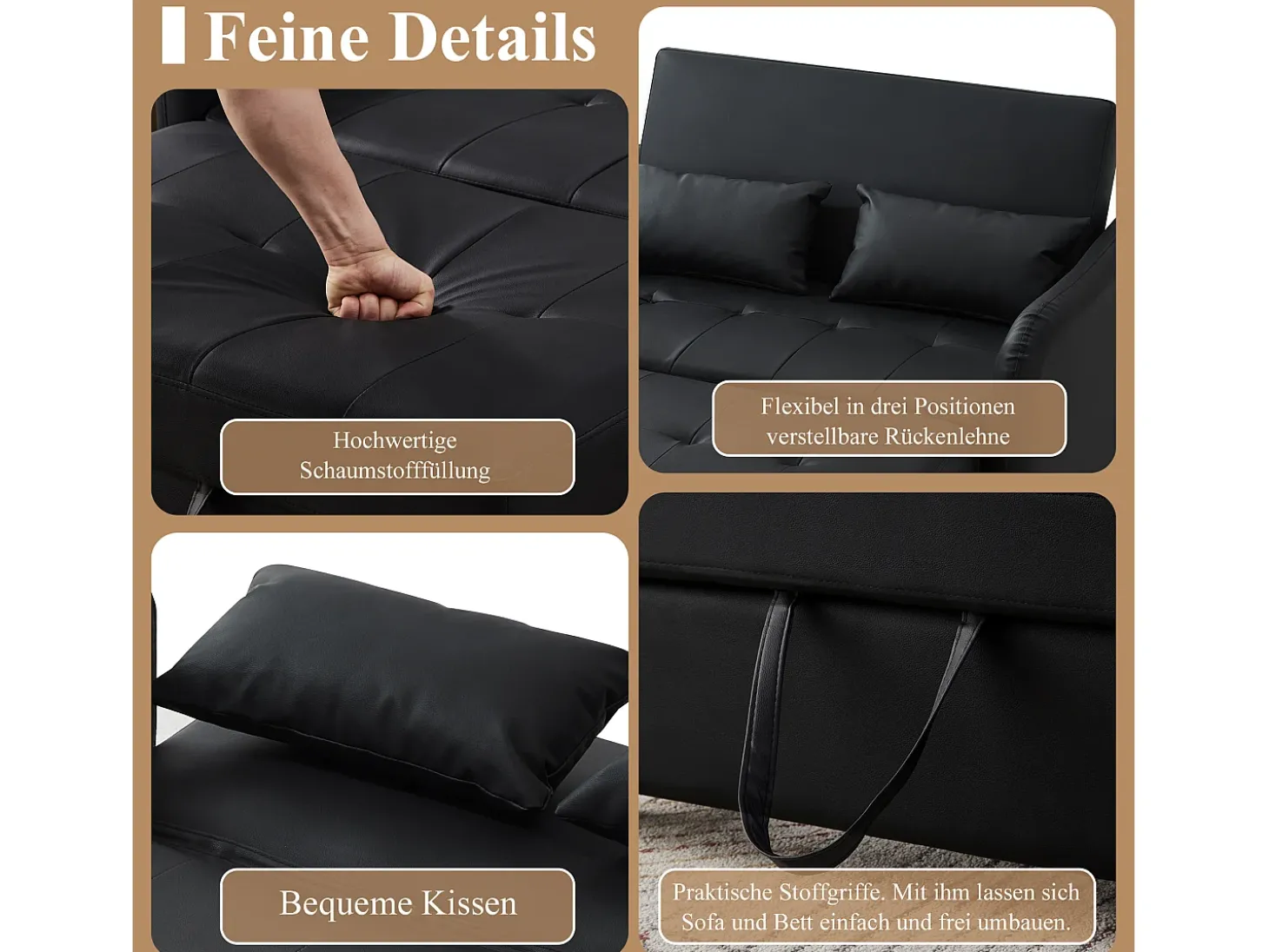 Sofá-cama multifuncional, assento duplo retrátil, encosto ajustável em 3 posições, PU impermeável, preto