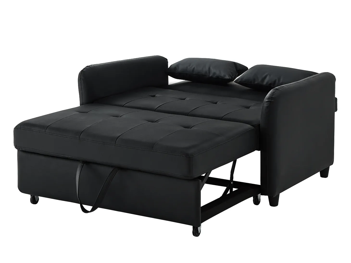 Sofá-cama multifuncional, assento duplo retrátil, encosto ajustável em 3 posições, PU impermeável, preto