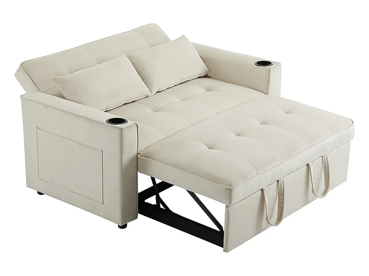 Sofá-cama multifuncional com função de dormir, sofá-cama com suporte para copos e almofadas, Bege