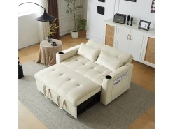 Sofá-cama multifuncional com função de dormir, sofá-cama com suporte para copos e almofadas, Bege