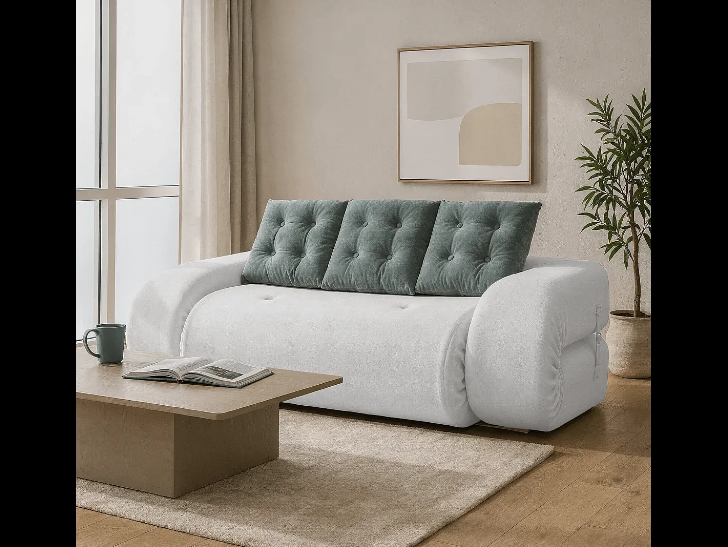 Sofá-cama Okoa 2 lugares - branco e sálvia