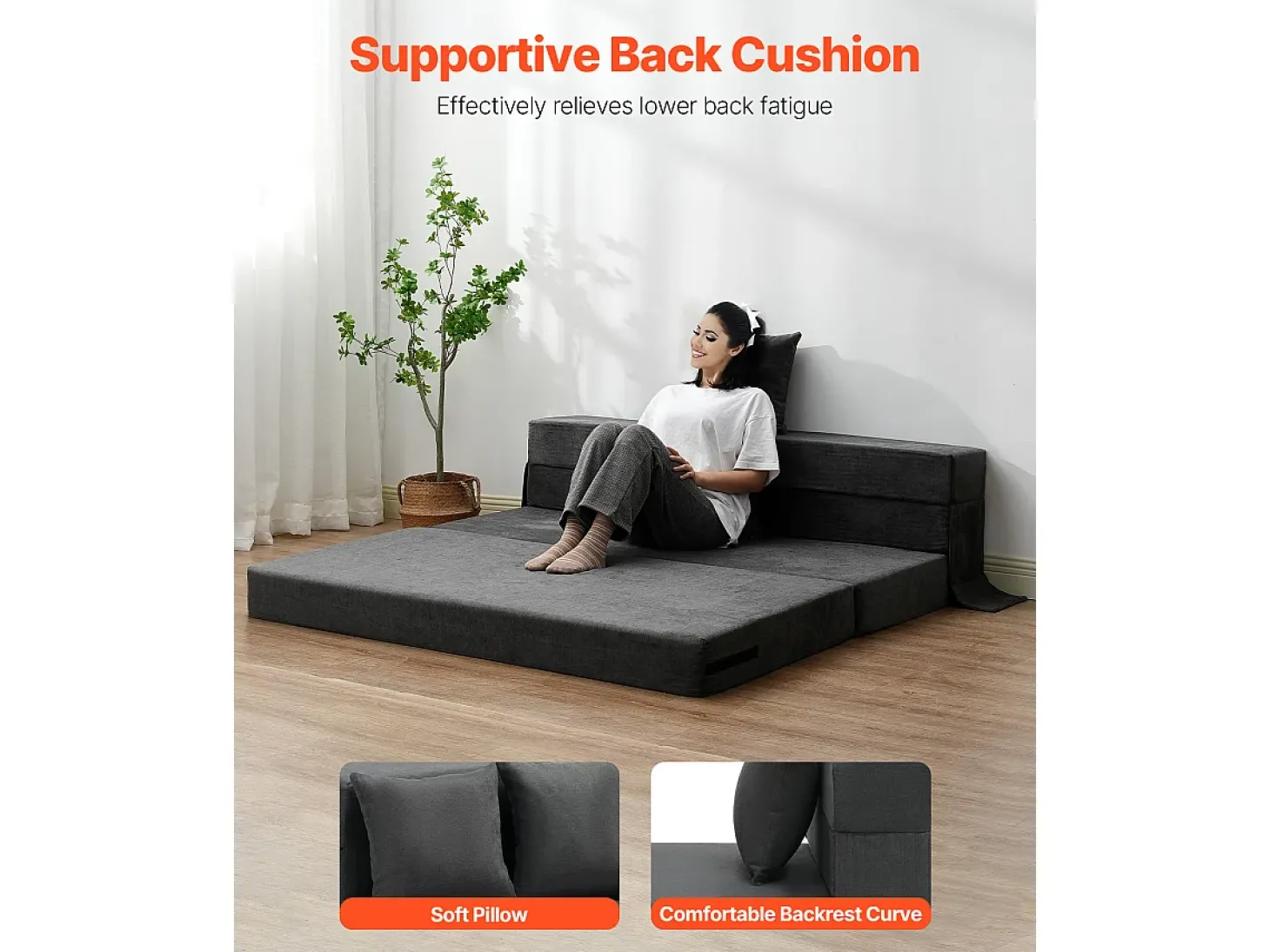 Sofá-Cama Plegável SucceBuy, 3 em 1 com 2 Travesseiros, Cinza Escuro, Queen