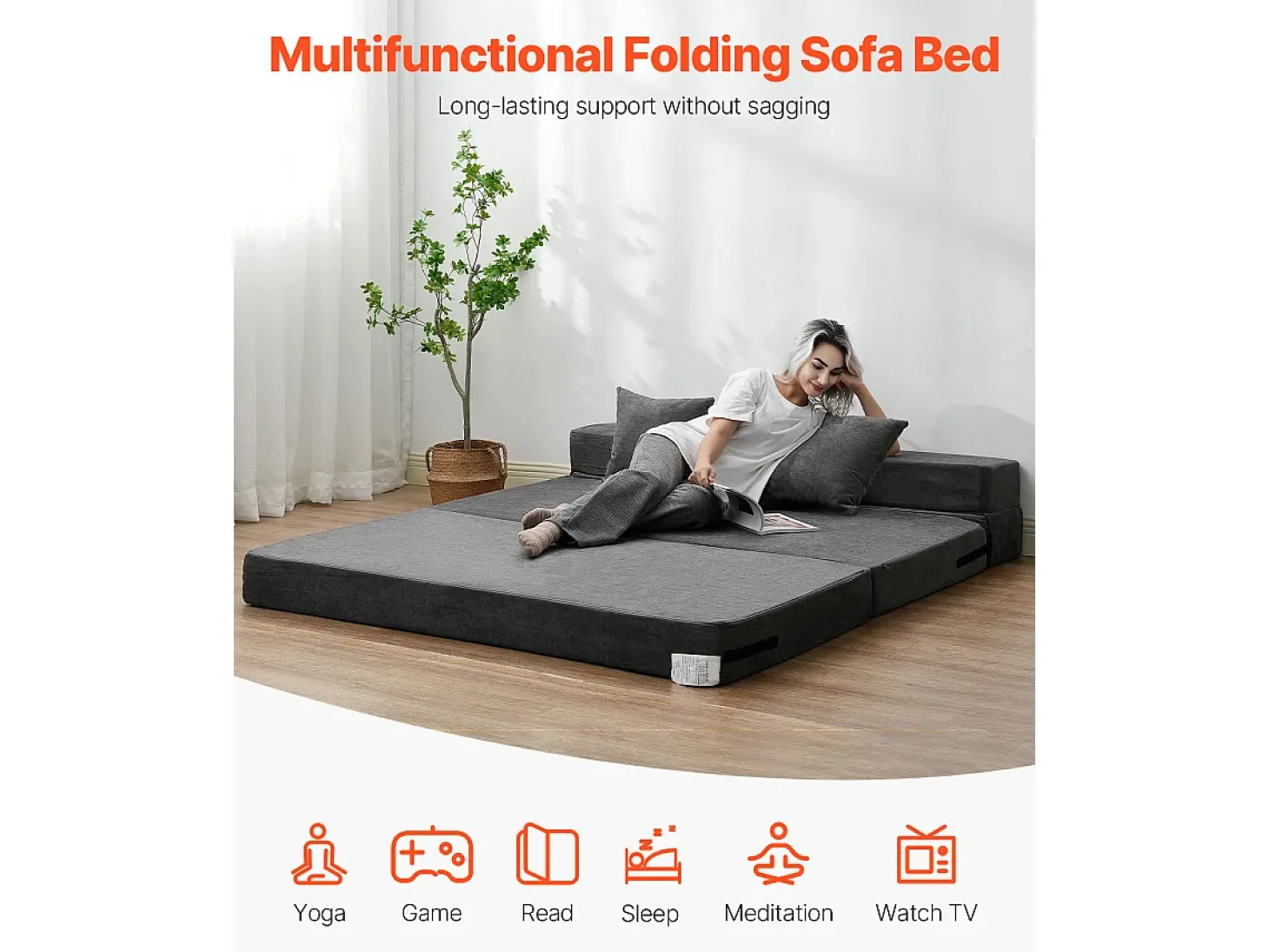 Sofá-Cama Plegável SucceBuy, 3 em 1 com 2 Travesseiros, Cinza Escuro, Queen