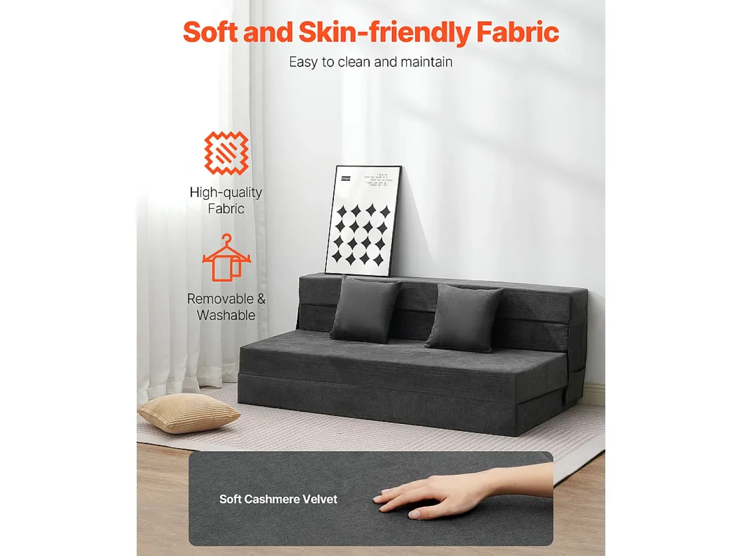 Sofá-Cama Plegável SucceBuy, 3 em 1 com 2 Travesseiros, Cinza Escuro, Queen