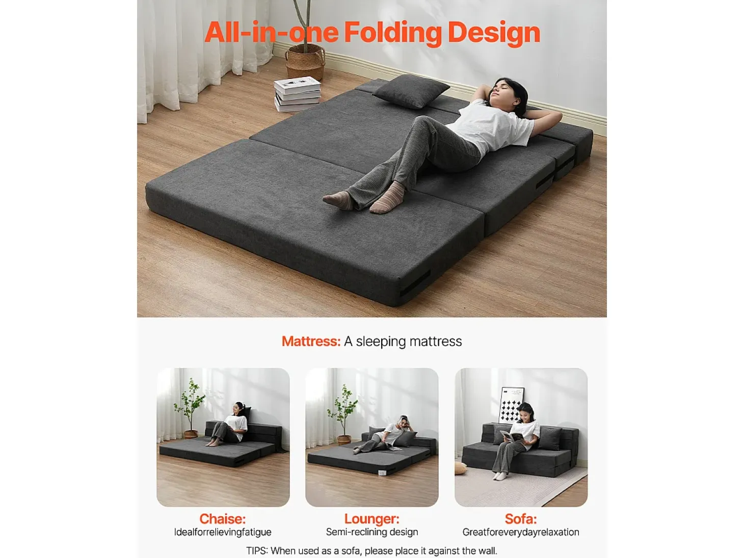 Sofá-Cama Plegável SucceBuy, 3 em 1 com 2 Travesseiros, Cinza Escuro, Queen