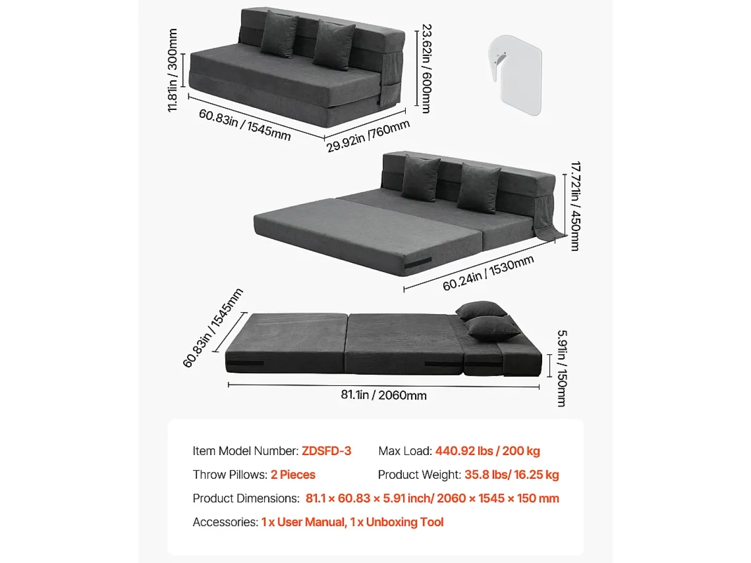 Sofá-Cama Plegável SucceBuy, 3 em 1 com 2 Travesseiros, Cinza Escuro, Queen