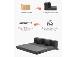 Sofá-Cama Plegável SucceBuy, 3 em 1 com 2 Travesseiros, Cinza Escuro, Queen