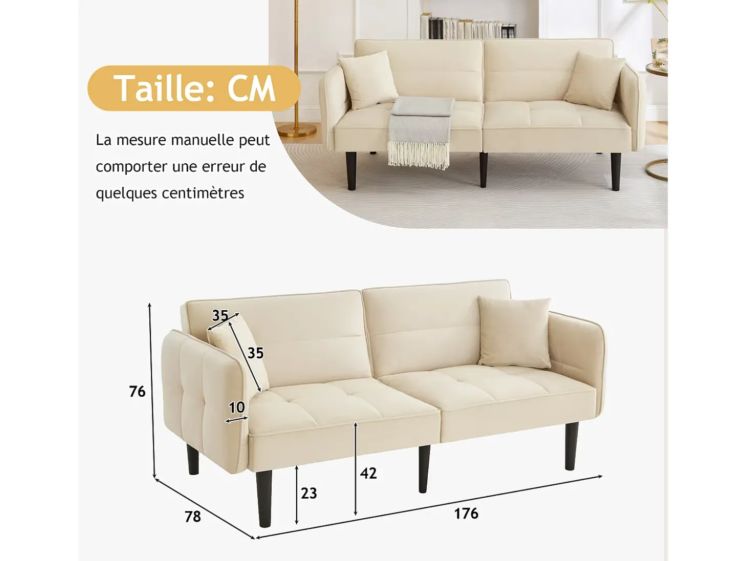 Sofá-cama reto de 2 lugares em veludo bege com pés de madeira preta, encosto dobrável - 176x78x76cm