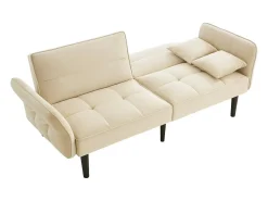 Sofá-cama reto de 2 lugares em veludo bege com pés de madeira preta, encosto dobrável - 176x78x76cm