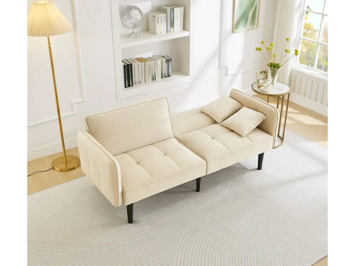 Sofá-cama reto de 2 lugares em veludo bege com pés de madeira preta, encosto dobrável - 176x78x76cm