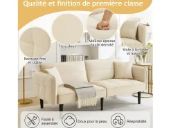 Sofá-cama reto de 2 lugares em veludo bege com pés de madeira preta, encosto dobrável - 176x78x76cm