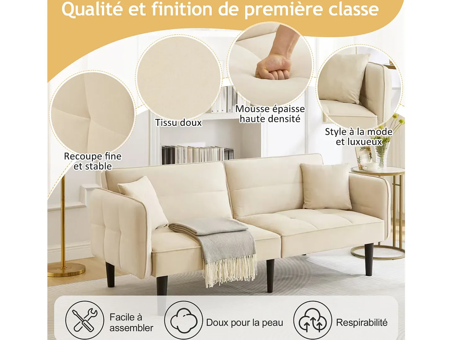 Sofá-cama reto de 2 lugares em veludo bege com pés de madeira preta, encosto dobrável - 176x78x76cm