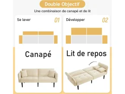 Sofá-cama reto de 2 lugares em veludo bege com pés de madeira preta, encosto dobrável - 176x78x76cm