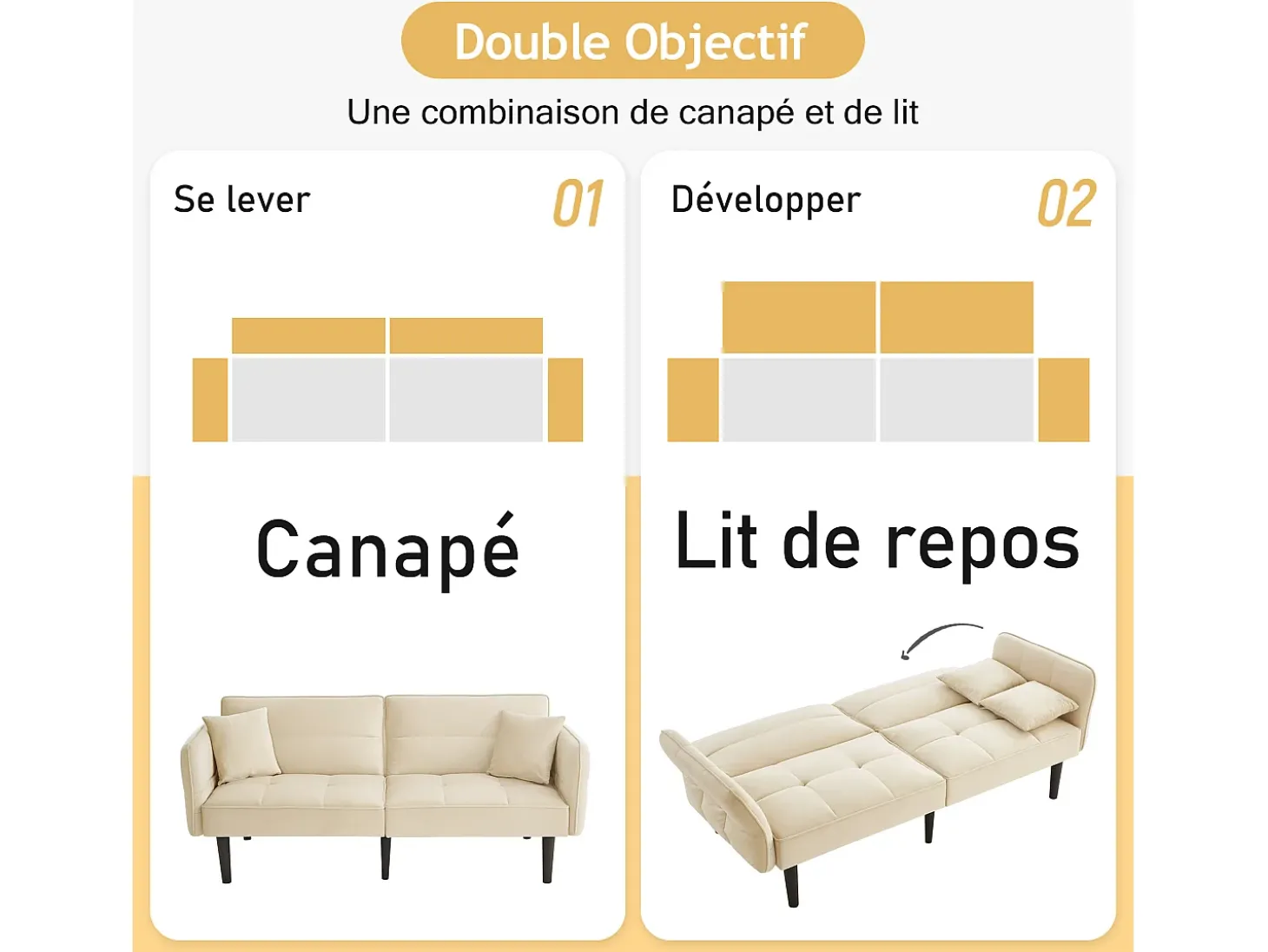 Sofá-cama reto de 2 lugares em veludo bege com pés de madeira preta, encosto dobrável - 176x78x76cm