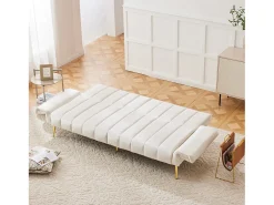 Sofá-cama reto de 2 lugares em veludo bege, encosto e braços dobráveis - 183x76x75cm