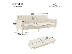 Sofá-cama reto de 2 lugares em veludo bege, encosto e braços dobráveis - 183x76x75cm