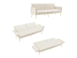 Sofá-cama reto de 2 lugares em veludo bege, encosto e braços dobráveis - 183x76x75cm