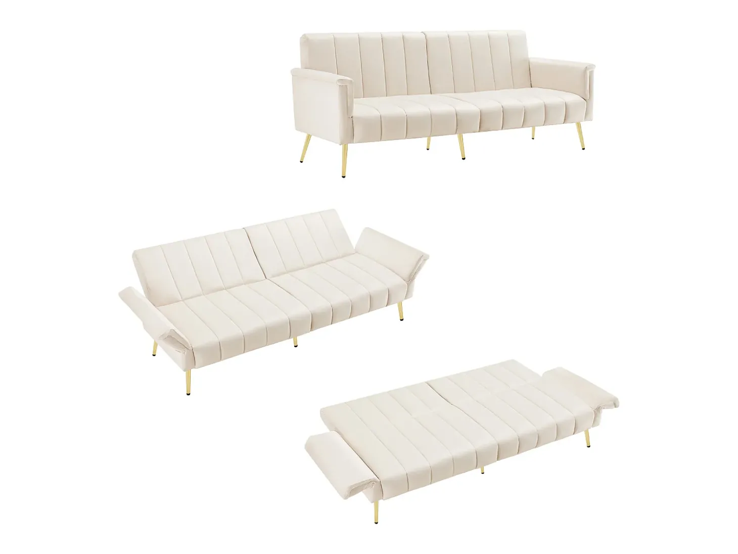 Sofá-cama reto de 2 lugares em veludo bege, encosto e braços dobráveis - 183x76x75cm