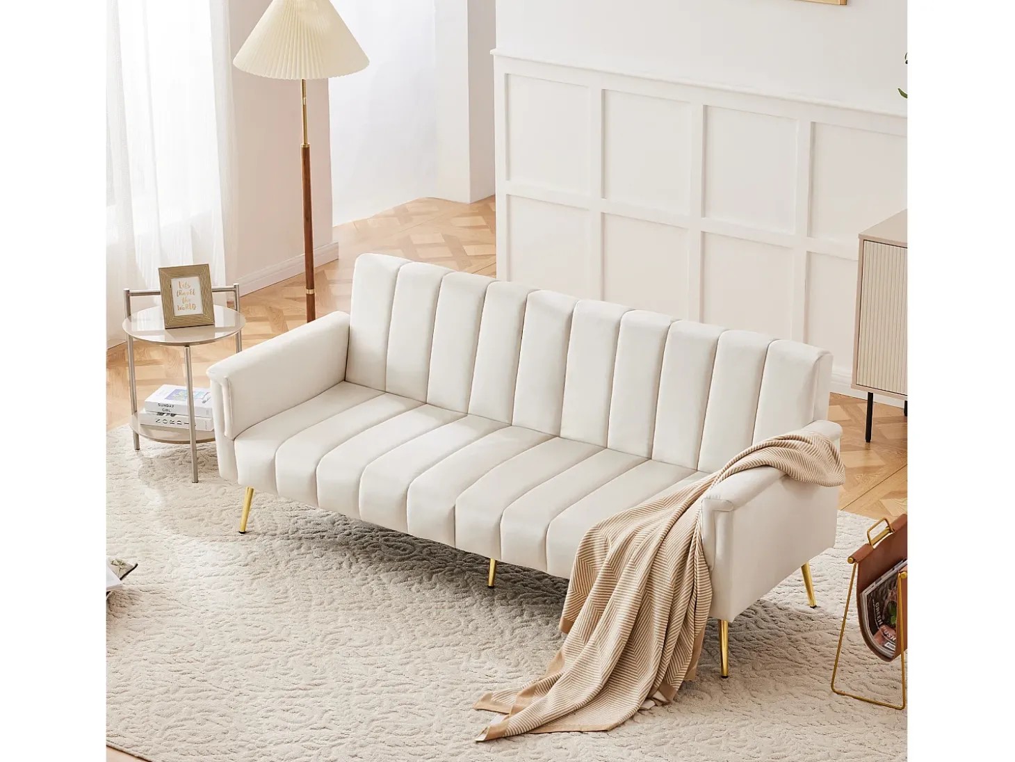 Sofá-cama reto de 2 lugares em veludo bege, encosto e braços dobráveis - 183x76x75cm