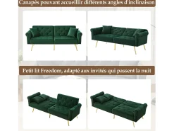 Sofá-cama reto de 2 lugares em veludo verde, encosto rebatível em 3 posições - 173x75x70cm