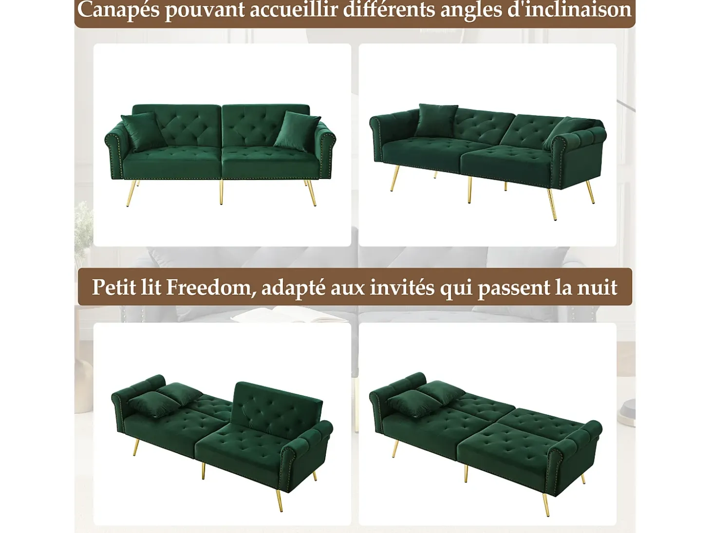 Sofá-cama reto de 2 lugares em veludo verde, encosto rebatível em 3 posições - 173x75x70cm