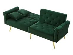 Sofá-cama reto de 2 lugares em veludo verde, encosto rebatível em 3 posições - 173x75x70cm